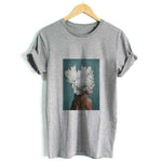 Women Summer Fashion Tumblr Tops Streetwear White Gray Black Tshirt Aesthetics Flowers Feather Print Harajuku Casual T-Shirt