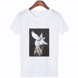 Women Summer Fashion Tumblr Tops Streetwear White Gray Black Tshirt Aesthetics Flowers Feather Print Harajuku Casual T-Shirt