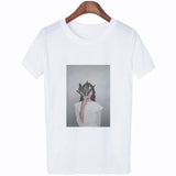 Women Summer Fashion Tumblr Tops Streetwear White Gray Black Tshirt Aesthetics Flowers Feather Print Harajuku Casual T-Shirt
